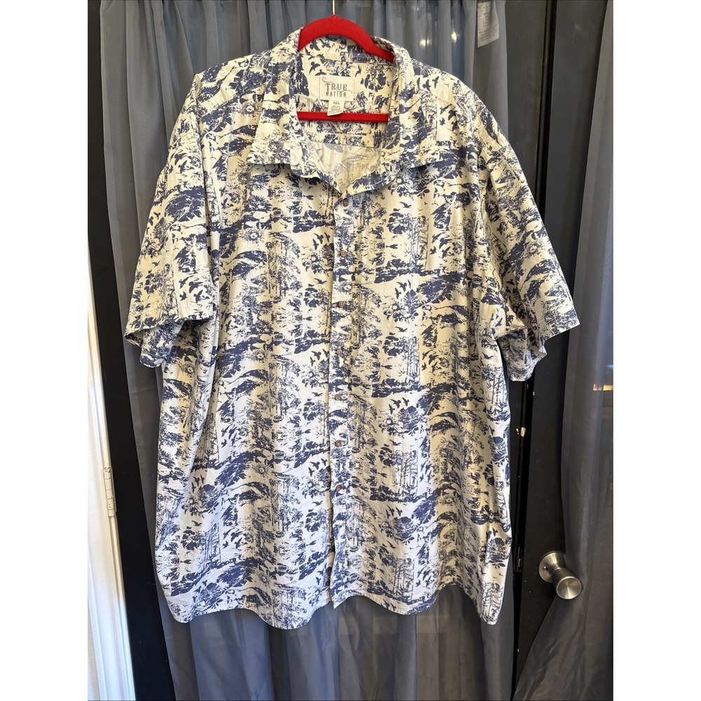 True Nation by DXL 5XL Mens Shirt Button Up Short Sleeve Blue Landscape Print